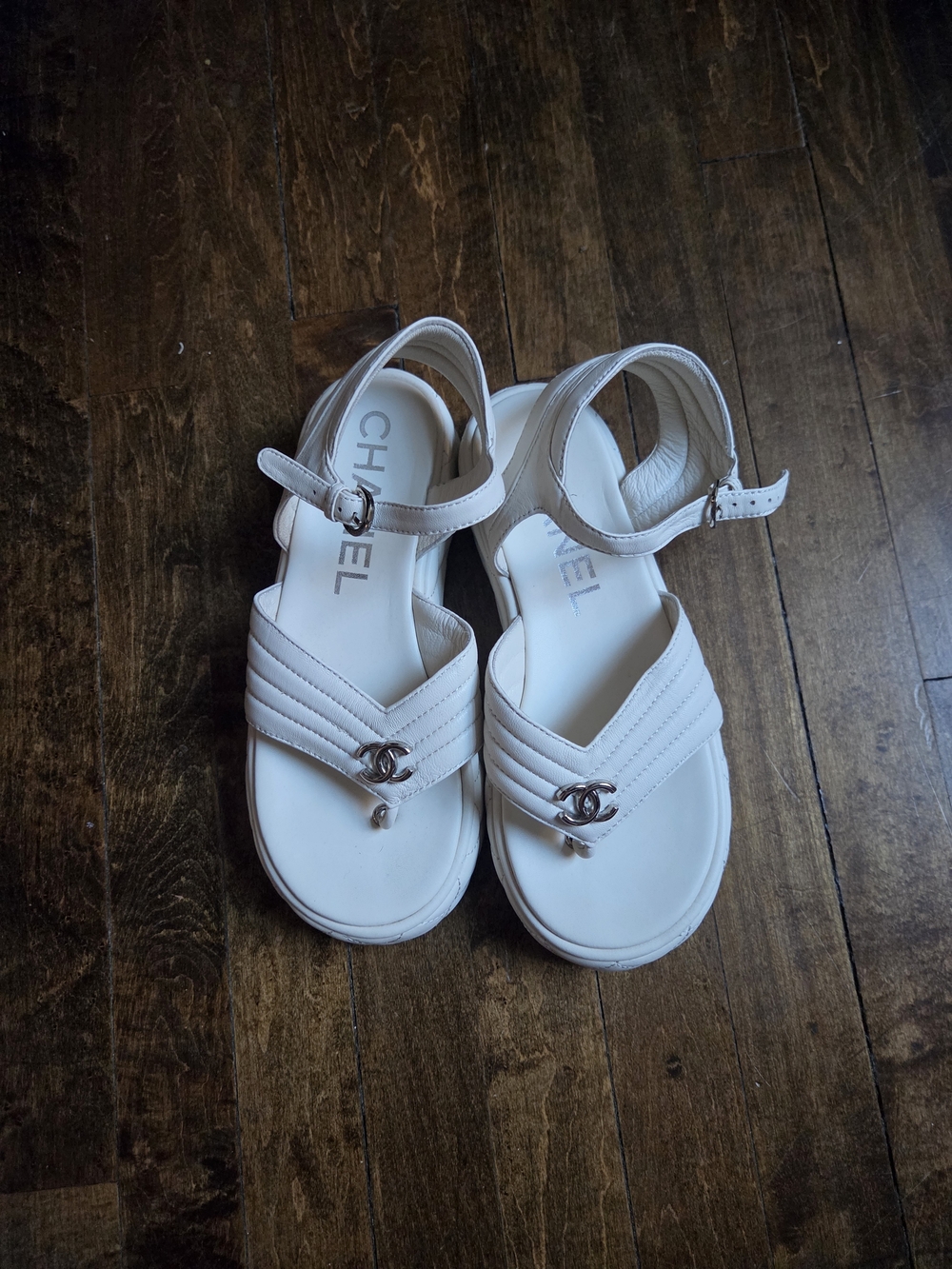 Chanel White Thong Sandals with Quilted Platform